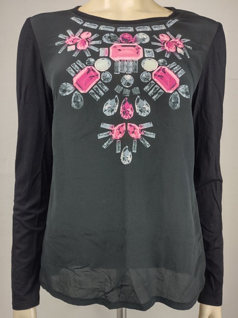 Trina Turk black silk front Jewel print long sleeve blouse top ladies Small